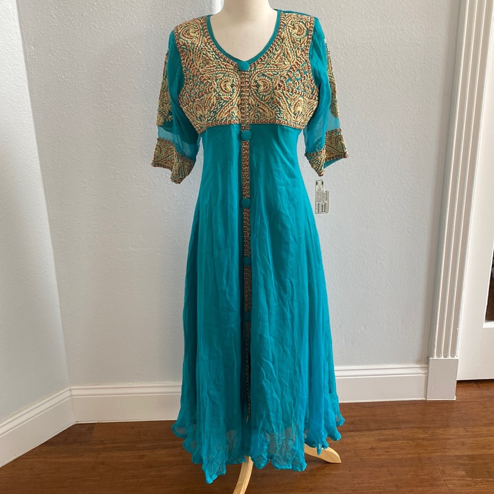 Elegant Teal and Gold Embroidered Anarkali Dress
